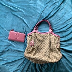 Gucci Beige/Pink GG Canvas and Leather Large Sukey Tote w/ith matching Wallet